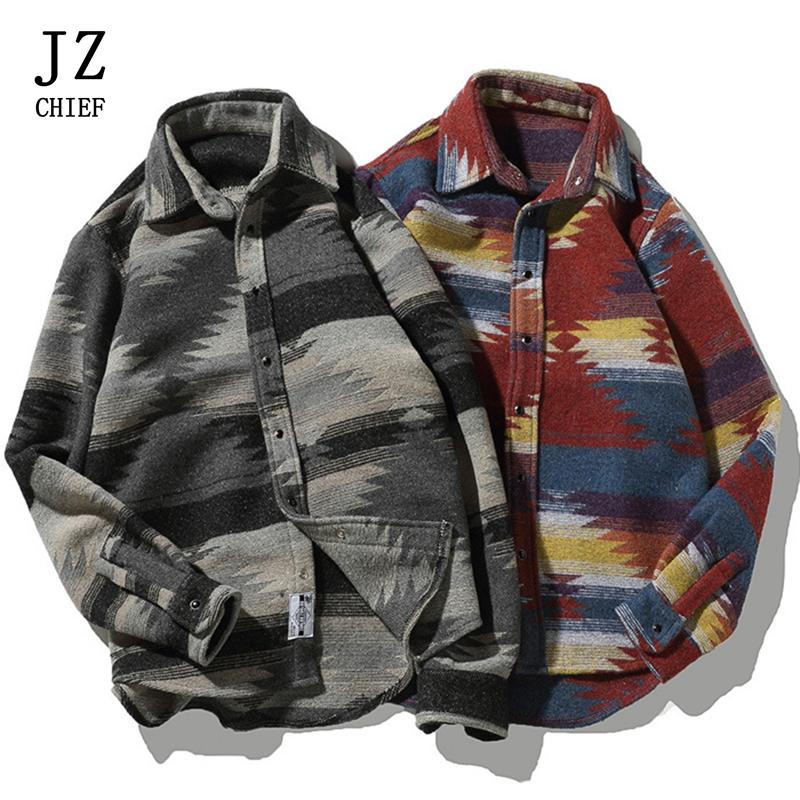 Japanese Style Men Shirt Fashion Hip Hop Plaid Woolen Long Sleeve Shirts Male Streetwear Oversize Casual Camisa Men's