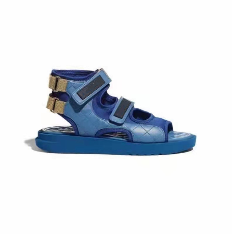 Women Leather Flat Sandal Summer Designer Lady Canvas Loop Adjustable Straps Sporty Bicolor Rubber Sole Slide