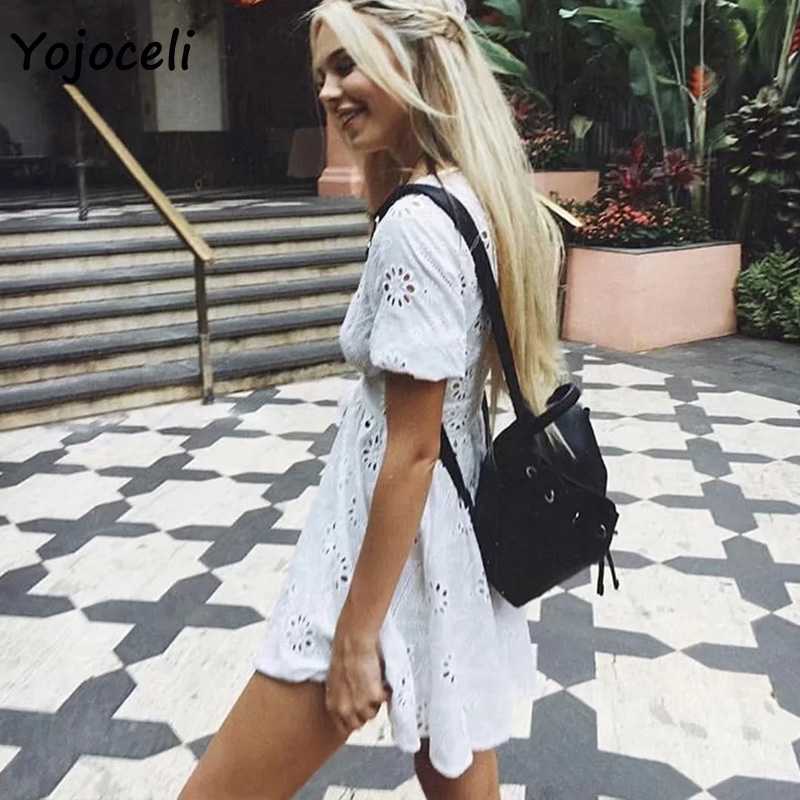 Yojoceli spring summer cotton embroidery dres v neck hollow out skater 210609