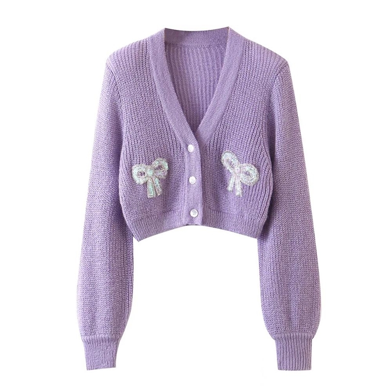 Vintage Purple Spliced Sequins Bow Knit Crop Cardigan Women V neck Single-breasted Button Sweater Long sleeve Short Jumper 210429