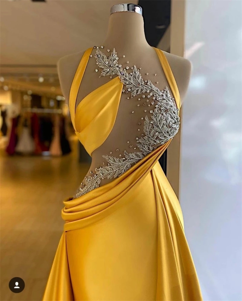 Mermaid Evening Dresses Bright Yellow Beaded Lace Appliques Sexy Top Illusion Prom Gowns Elegant Satin Vestido De Novia