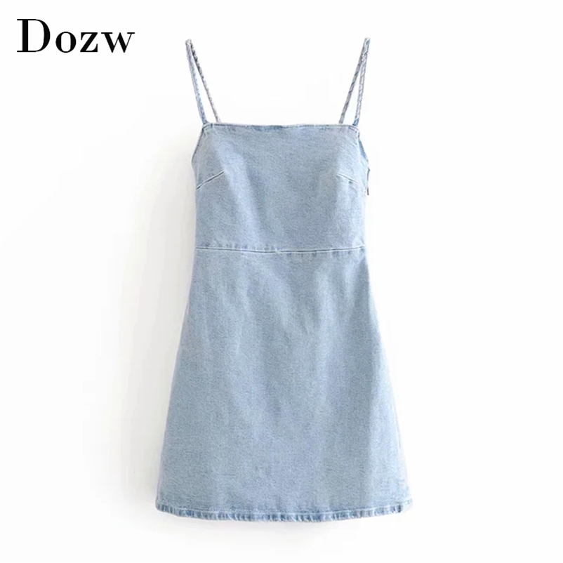 Sexy Spaghetti Strap Denim Mini Dress Women Fashion Sleeveless Party es Summer Solid Backless Club 210515