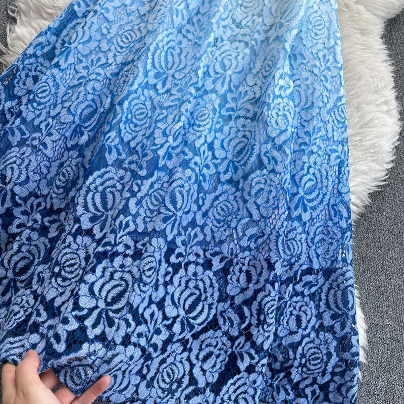 DEAT Summer Arrivals V-neck Short Sleeve Gradient High Waist A-line Lace Long Dress MZ727 210709