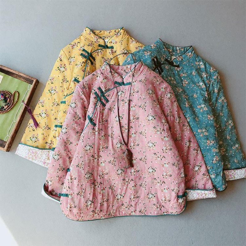 Autumn Winter Arts Style Women Long Sleeve Vintage Button Cotton Padded Coat Linen Loose Warm Print Jacket S49 210512