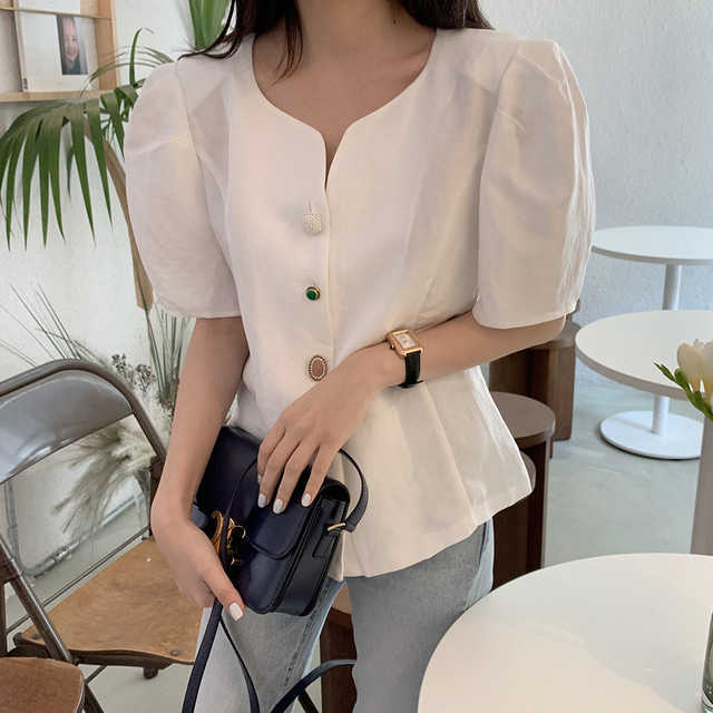 Korejpaa Women Shirt Summer Korean Chic Ladies Elegant Temperamen V-Neck Single-Breasted Solid Color Puff Sleeve Blouses 210526