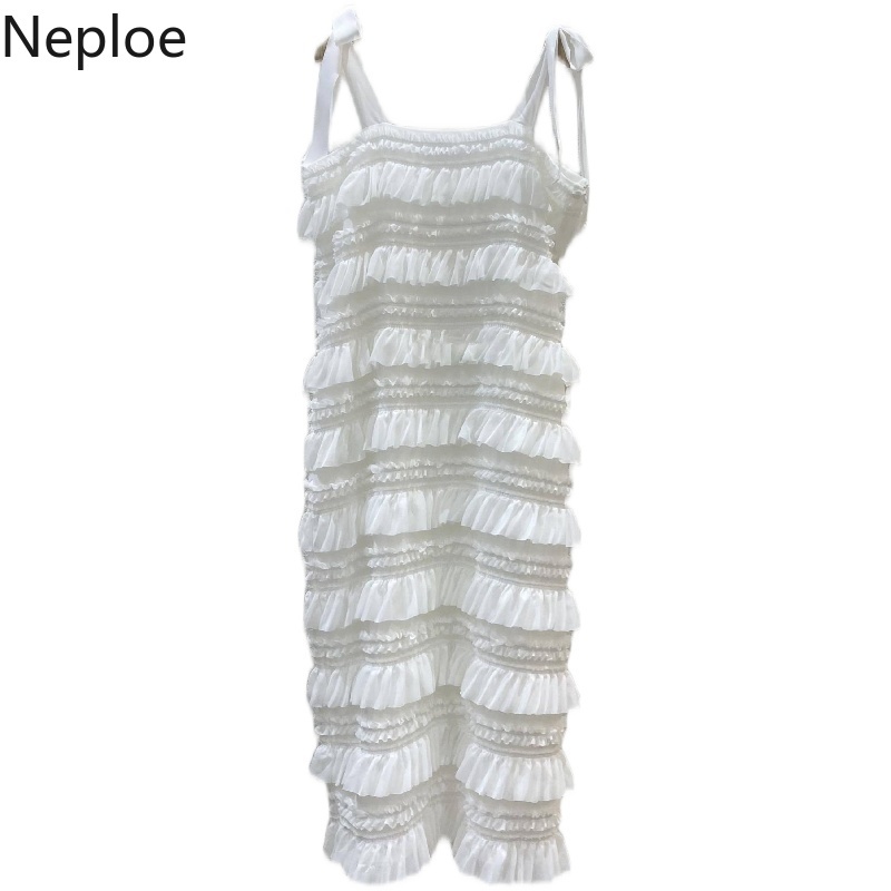 Neploe Vestido De Mujer Summer New Sweet Cascading Ruffle Sleeveless Cake Dress Korean Slim Sweet Fashion Strap Dresses Women 210422