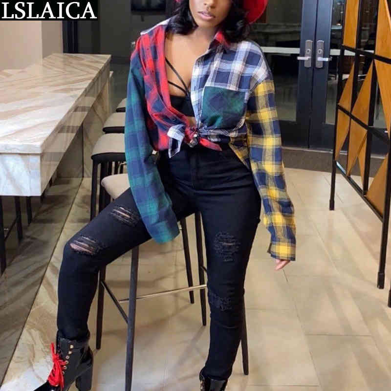 Blouse Women Fashion Autumn Plaid Patchwork Female Long Shirts Sleeve Turn-down Collar Casual Tops for Plus Size 210520