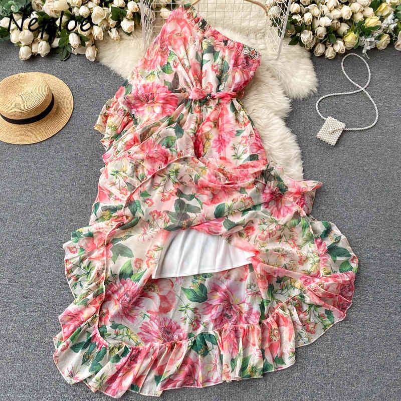 Neploe Summer Dresses Holiday Bohemian Print Long Dress Women High Waist Vestidos Slash Neck Shoulder Strapless Slim Robe 94987 210422
