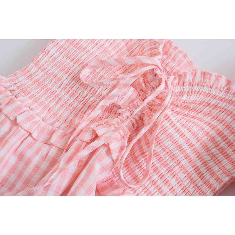 Holiday Style Puff Sleeve Dress Summer Pink Plaid Ruffle Belt Loose Mid-Length Vestido Female Elastic Fashion 210508