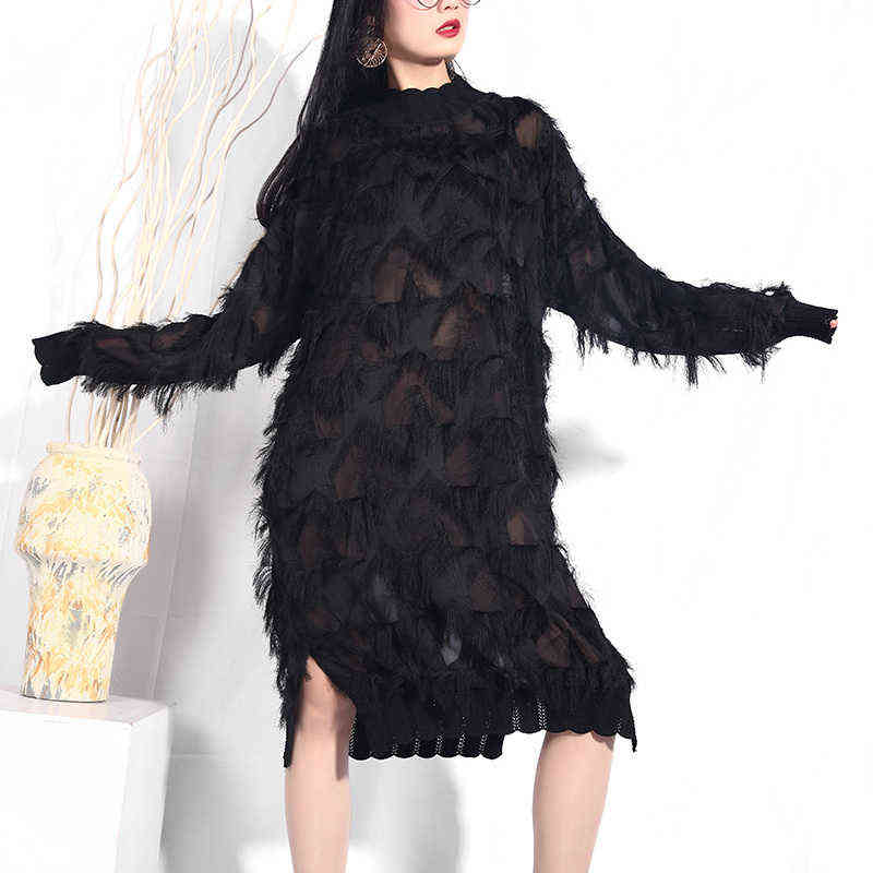 [EAM] 2022 Spring Autumn Stand Collar Long Sleeve Black Perspective Split Joint Big Size Dres Fashion JI78 211221