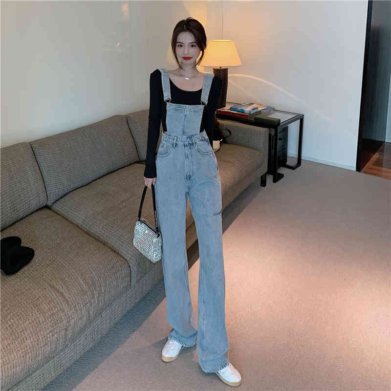 Make firm offers denim overalls female loose show thin fashionable western style straight cut age wide-legged jumpsuits 210429