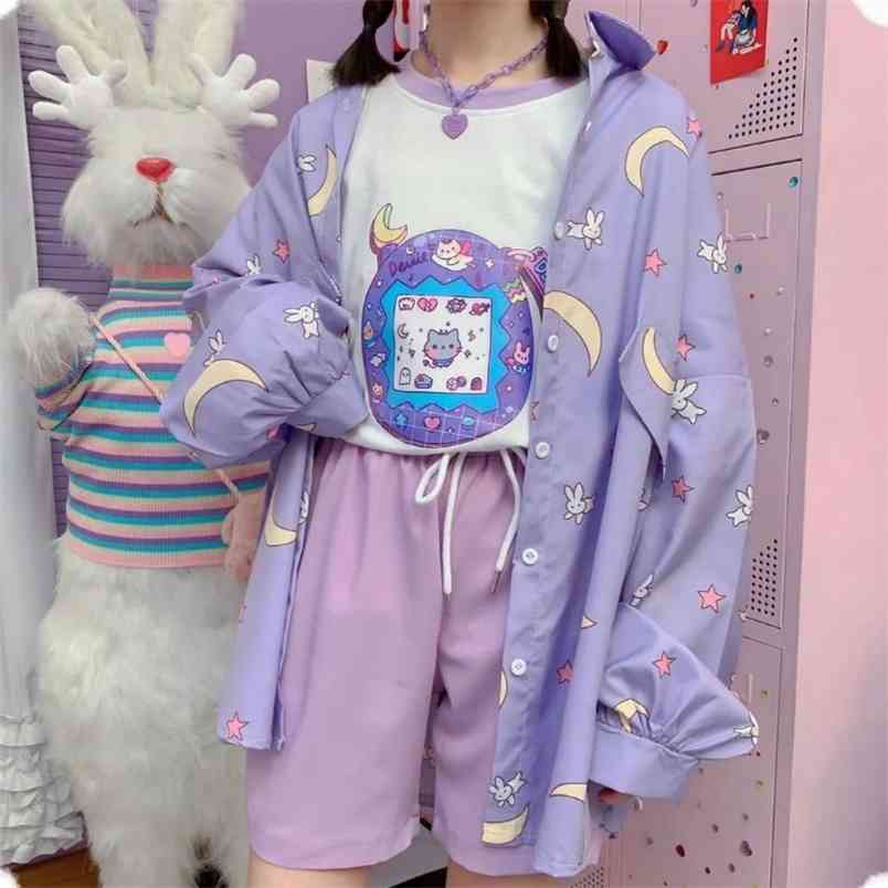 Moon Rabbit Printed Japanese Kawaii Blouse Women Casual Loose Female Purple Shirt Fashion Streetwear Blusas 210519