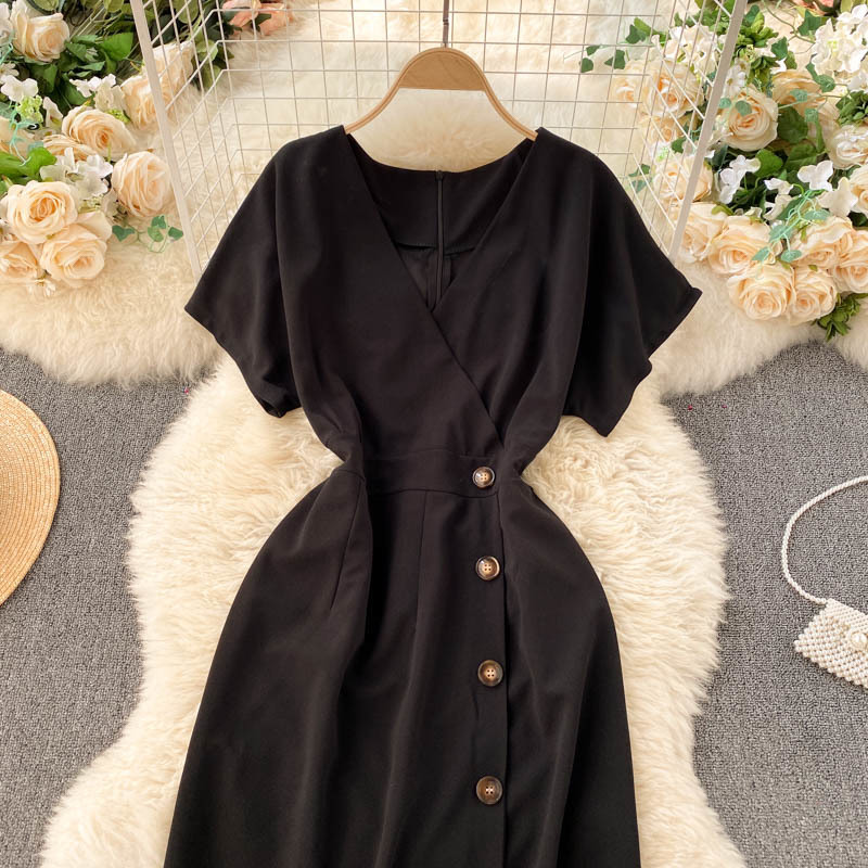 LoveFlowerLife Spring Summer Solid V Neck Button Dress High Waist Sexy Fashion Mid-Calf Women Party Dresses 210521