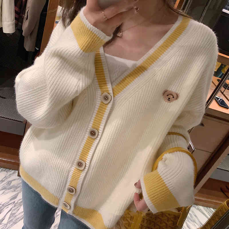 Spring Autumn Elegant Sweaters Tops For Women Yellow Loose Knitted Cardigan Korean Long Sleeve V-neck Buttons Outwear 210513
