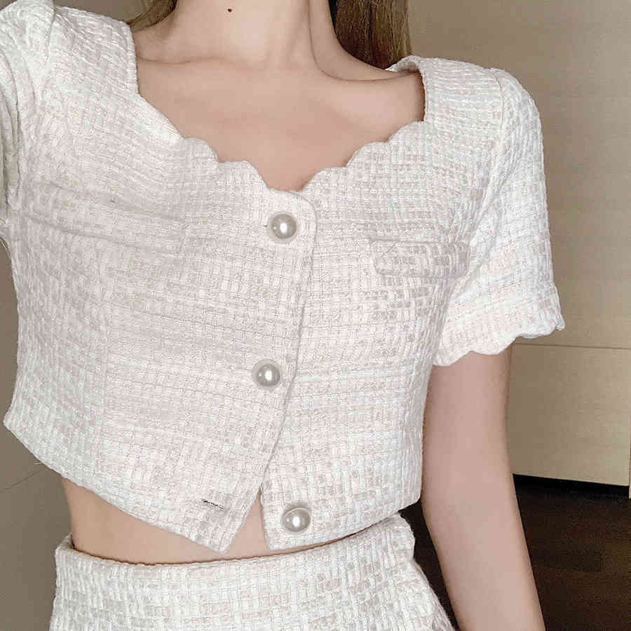 Temperament Single-breasted Square Neck Short Sleeve Jacket Women Wild Summer Sets High Waist Skirt Fashion Korean Casual 210429