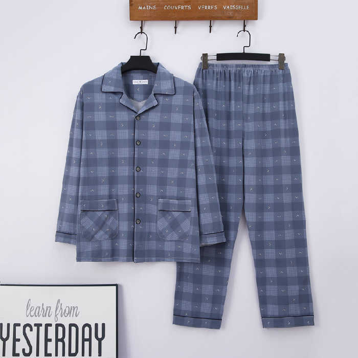 Cotton Men's Sleeve Nightwear Lapel Buttons Men's Pajamas Set Autumn Winter Leisure Elastic Waist Men Sleepwear Tops Long Pants 211019