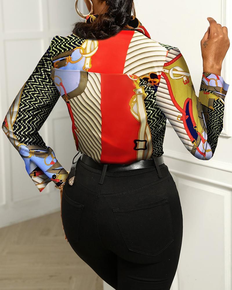 Women Casual Autumn Turn-down Collar Chiffon Blouse Scarf Print Colorblock Buttoned Long Sleeve Shirt 210317
