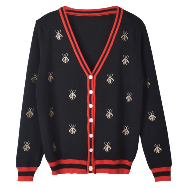 Spring Autumn Knitted Bees Embroidered Cardigan Sweater Women Long Sleeve V-neck Fashion Korean Ladies Tops Sweaters White Black 210514
