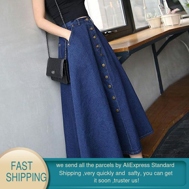 High Waisted Denim Skirt for Women Pleated Long s Vintage Single-breasted Harajuku Female A-Line s 210428