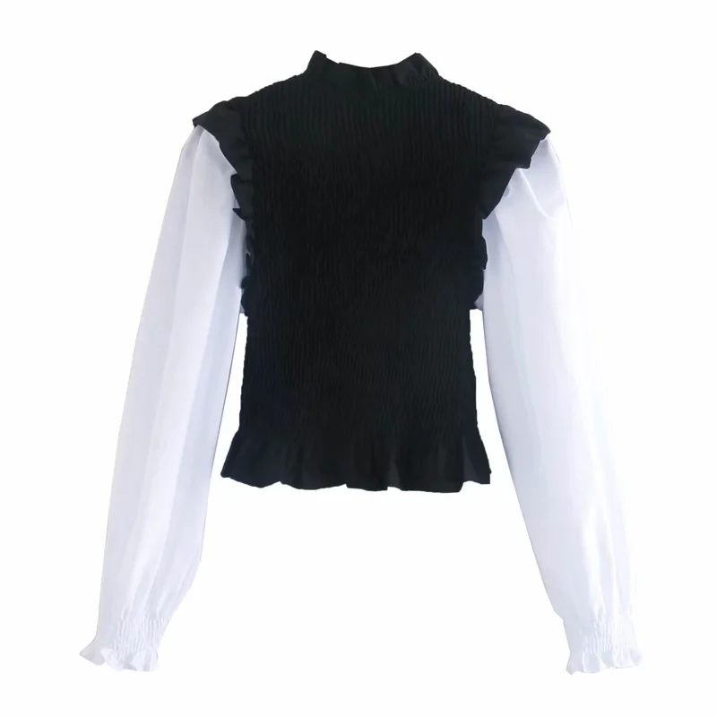 Woman Contrast Color Splicing Elastic Shirt Femme Puff Sleeve Slim Blouse Casual Lady Short Tops Smock Blusas S8007 210317