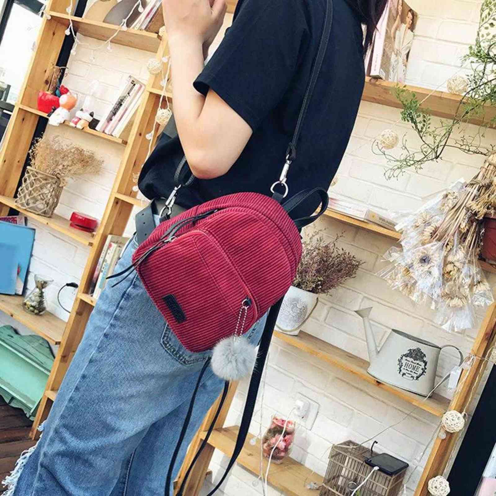 Girl Mini Backpack Women Pompom Ball Solid Color Corduroy Small Backpack Autumn Winter Teenage Travel School Bag Mochila Y1105