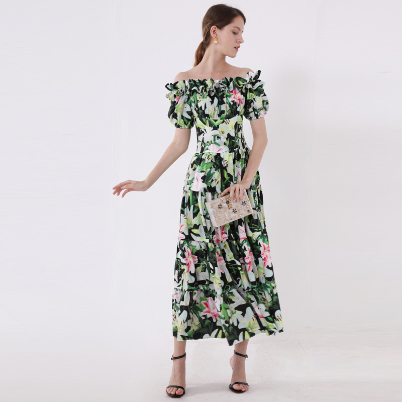 lily flower slash neck ruched high quality dress women summer maxi for party A-line soft robe es vestidos 210421