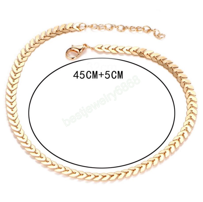 Simple Minimalist Copper Flat Fishbone Chain Choker Necklace Punk V-Shaped Short Collar Clavicle Necklace Women Jewelry