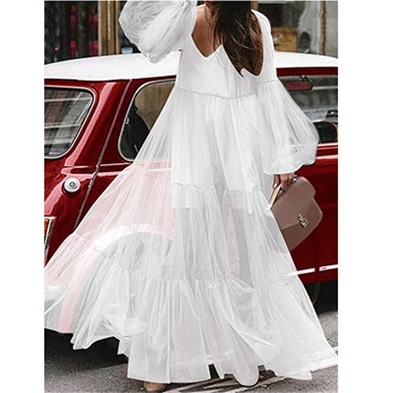Women Dress V Neck Puff Sleeve Perspective Mesh Long es Elegant Maxi es Loose White Summer 210524