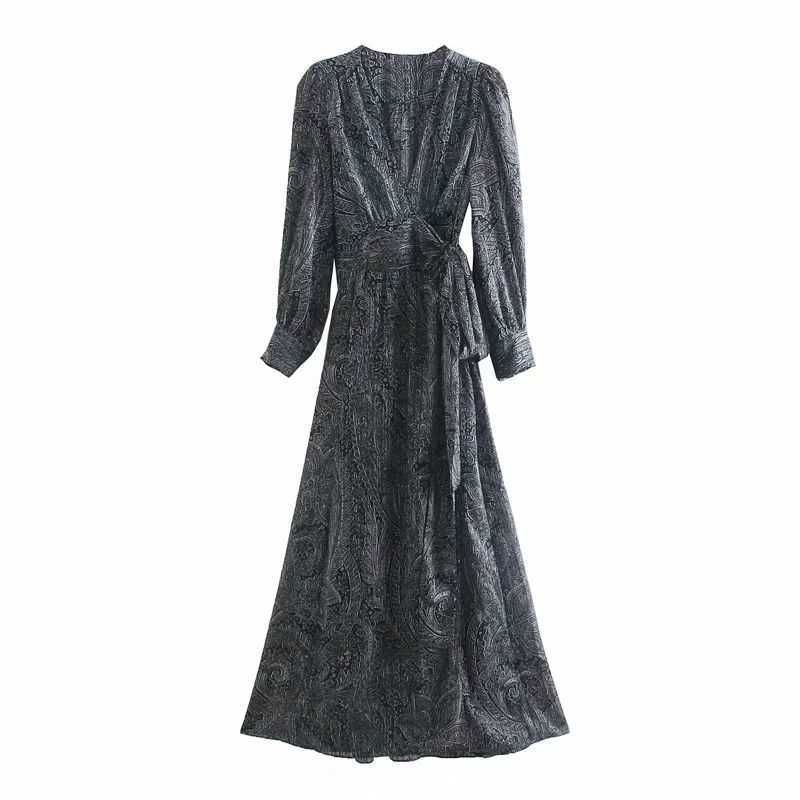 Women Dress Printed Crossover V-neck Long Cuffed Sleeves Wrap-style Belt Long Dress vestidos femme robe 210709