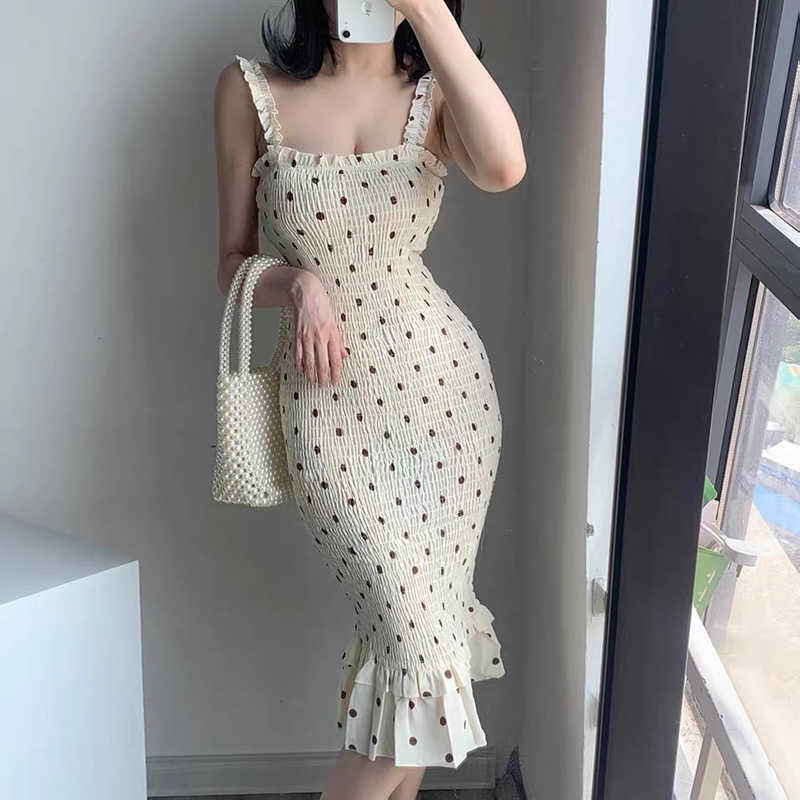 Summer pastoral storm point strap dress strapless sleeveless slim waist fishtail dress Midi dress chiffon 210630