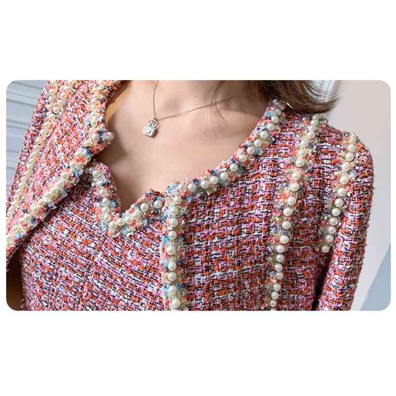 Winter fashion women's Tweed short coat and dress two-piece suit High Quality Women's Beading Dress 2 piece Sets 210520