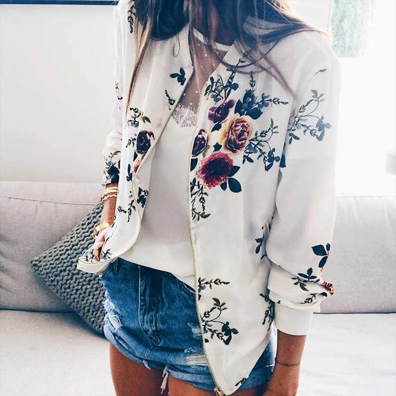 Floral Print Zipper Casual Jacket Women Spring Summer Long Sleeve Loose Bomber Coat O Neck Fashion Tops Outerwear 210607