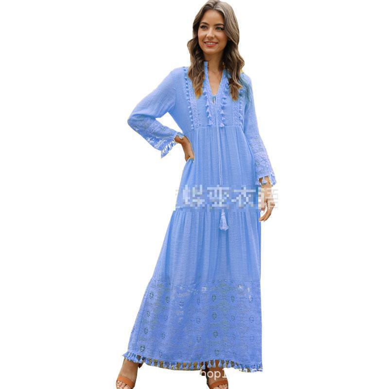 Women Dress Deep V Neck Flare Sleeve Lace Maxi es Tassel Bohemian Loose Casual Plus Size Beach es Autumn 210524