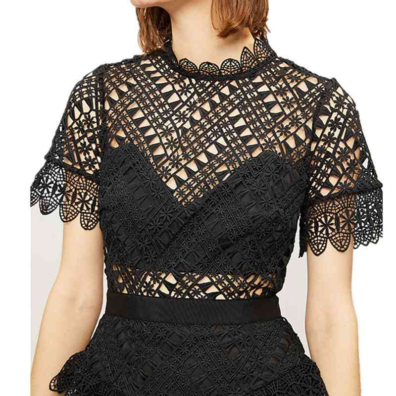 Arrive Women's Black Lace Short Sleeve Summer Dress Sexy Hollow Long Vestidos Self Portrait 210520
