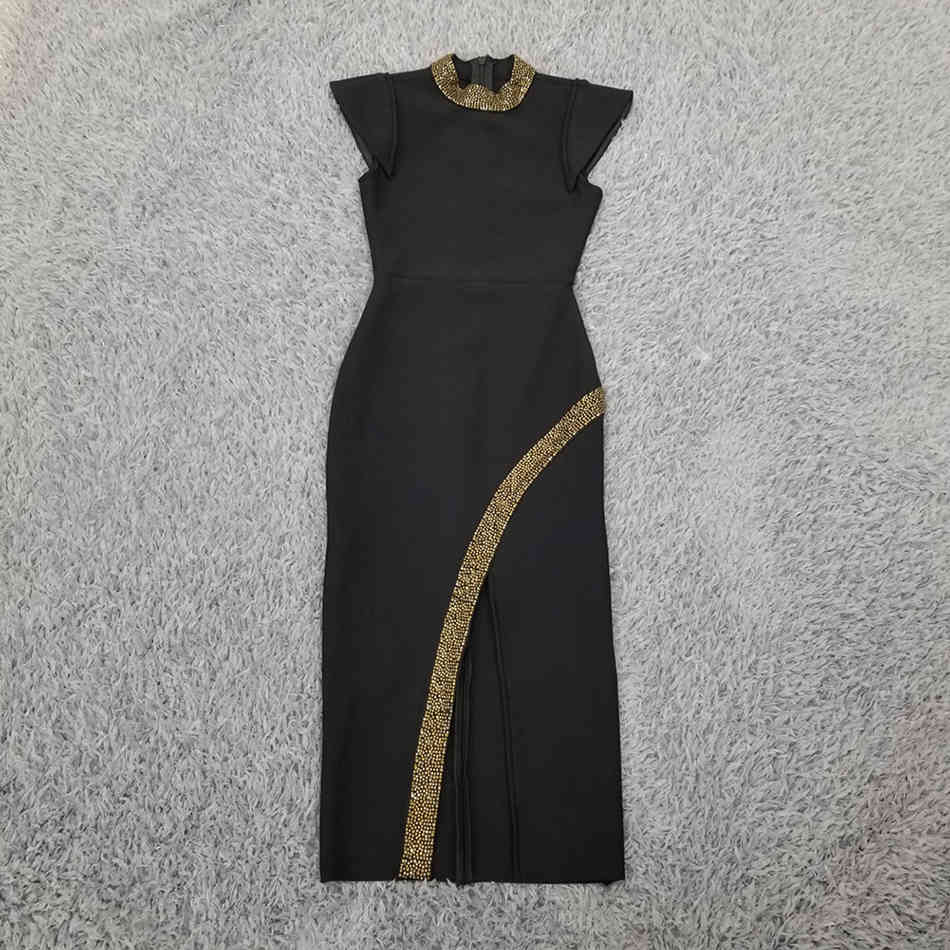 Free Women Bandage Dress Midi Sexy Stand Collar Short Sleeve Bodycon Split Celebrity Club Party Vestidos 210524