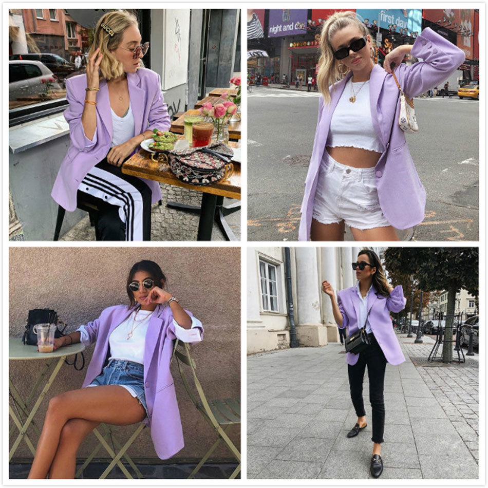 Free Women Loose Purple Blazer Fashion Streetwear Lapel Long Sleeve Single Breasted OL Solid Coat 210524
