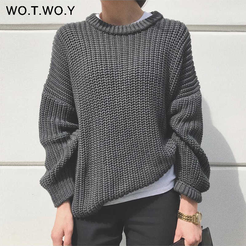WOTWOY Elegant Autumn Oversized Sweater Women Solid Loose Knitted Sweaters Long Sleeve Pullover Female Jumper Cashmere 211011Z