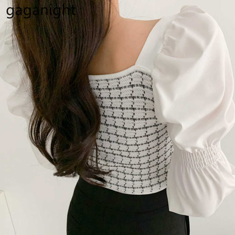 Elegant Women Knitted Patchwork Plaid Crop Blouse Puff Long Sleeve Slim Shirt Female Chic Korean Blusas Fashion Shirts 210601