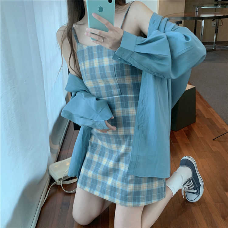 Summer and Autumn Suit Blue Sunscreen Shirt + Plaid Sling Slim A-line Dress Western Style Two-piece Female 210708