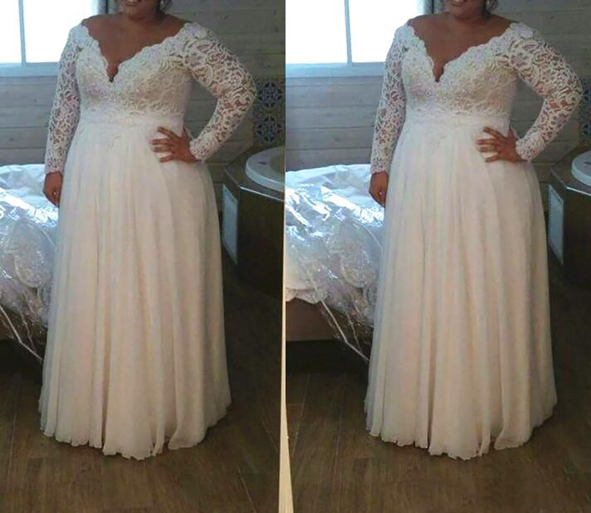 Plus Wedding Dresses Lace Top Long Sleeve Deep V Neck Floor Length 2021 New Elegant Bridal Gowns Custom Size 0509