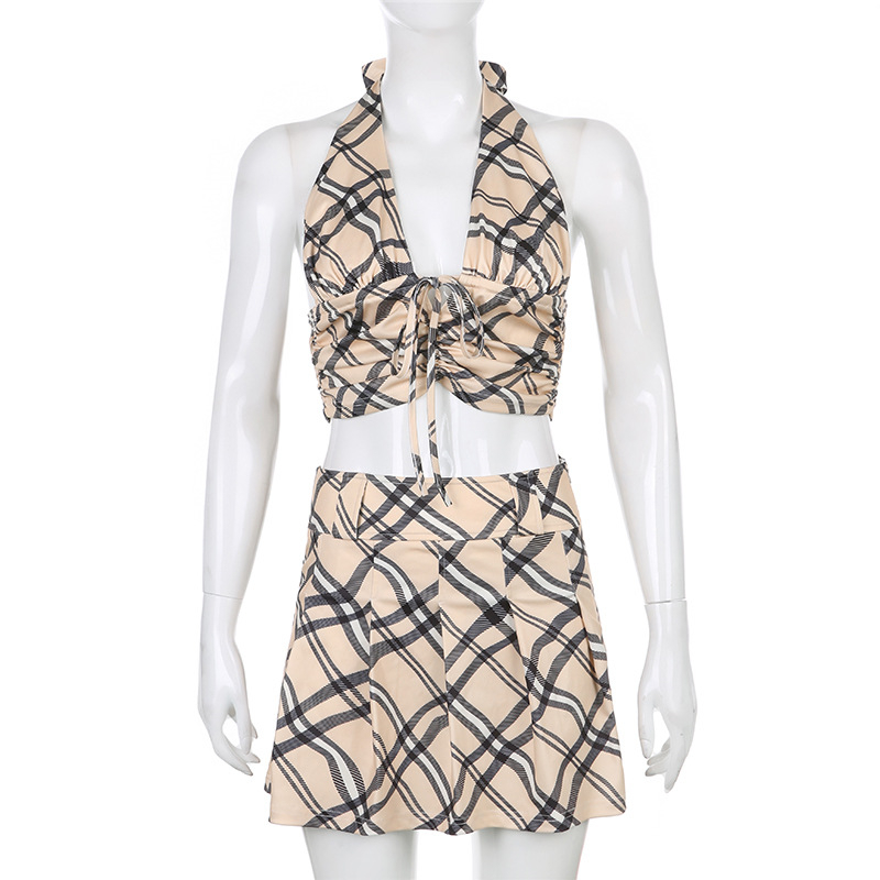 Ins Fashion Streetwear Style Plaid Print Two Piece Sets Women Sexy Backless Sleeveless Crop Top+Mini Skirts Set Female 210514