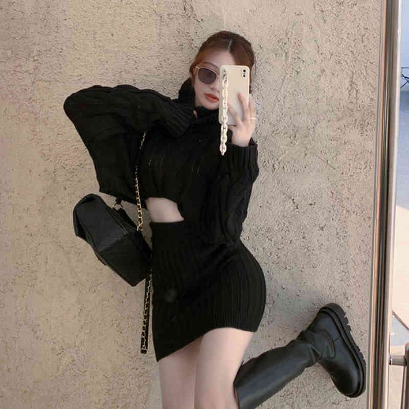 Lucyever Spring 2 Pieces Sets Women Fashion Twist Knitted Turtleneck Navel Sweaters Woman High Waist Hip Skirt Female 210521wtt