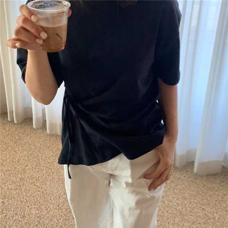 Korejpaa Women T-shirt Korean Chic Summer Base Round-neck Side Strap Waist Thin Short-sleeved Solid Color Tee Top Female 210526