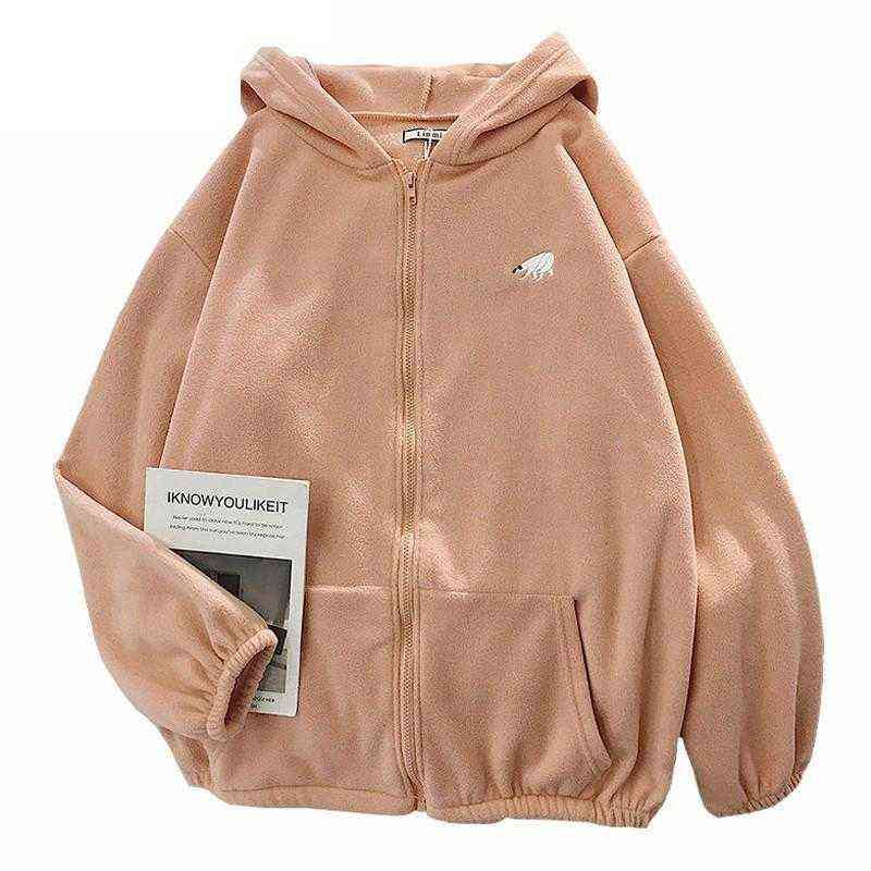 Winter Women's Hoodie Tops Autumn Korean Fashion Animal Embroidery Printing Loose Plush Zipper Sweatshirt 211108