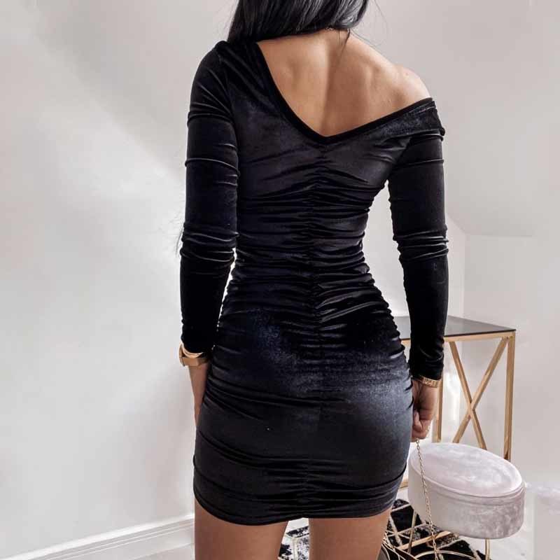 Spring Vneck Dress Fashion Chic Ruched Womens Sheath Elegant Pleated Long Sleeve Knitted Bodycon Robe 210510