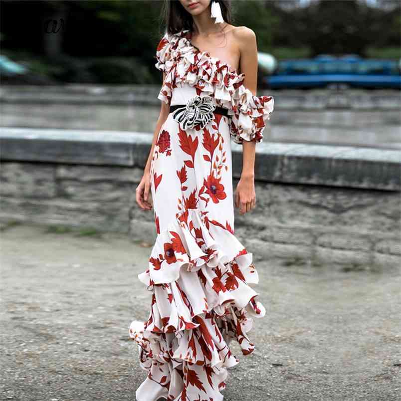 Free Elegant Layered Ruffle Print Long Dress One-shoulder Lantern Short Sleeve Vacation Party 210524
