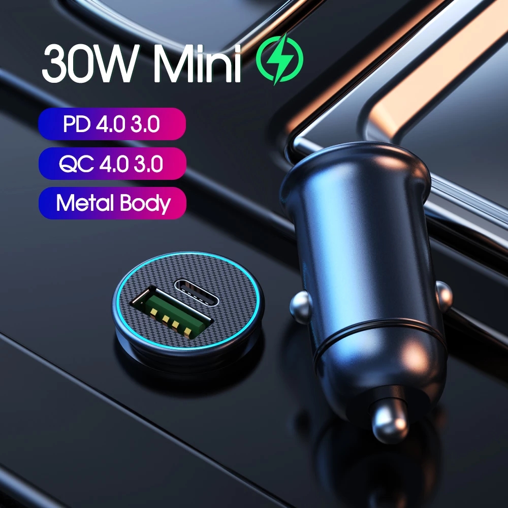 Car Charger With luminous PD3.0 30W Mini Full Metal Dual QC 3.0 QC4.0 USB Type C Quick Charging For mobile phone