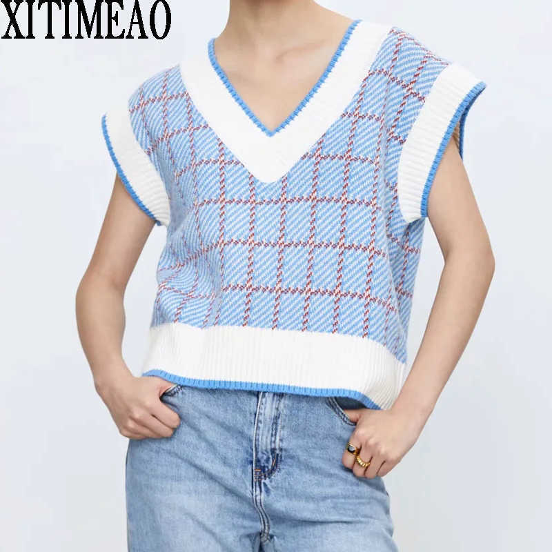 ZA Women Fashion Plaid Knitted Vest Sweater Vintage Sleeveless Side Vents Female Waistcoat Chic Tops 210604, Blue
ZA Women Fashion Plaid Knitted Vest Sweater Vintage Sleeveless Side Vents Female Waistcoat Chic Tops 210604, Blue
