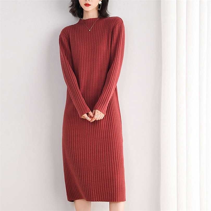 High Quality Sweater Dress for Women Knee-length Solid Color O-Neck Pullover Thick Autumn and Winter Brief Red Pink Black 211110
High Quality Sweater Dress for Women Knee-length Solid Color O-Neck Pullover Thick Autumn and Winter Brief Red Pink Black 211110
