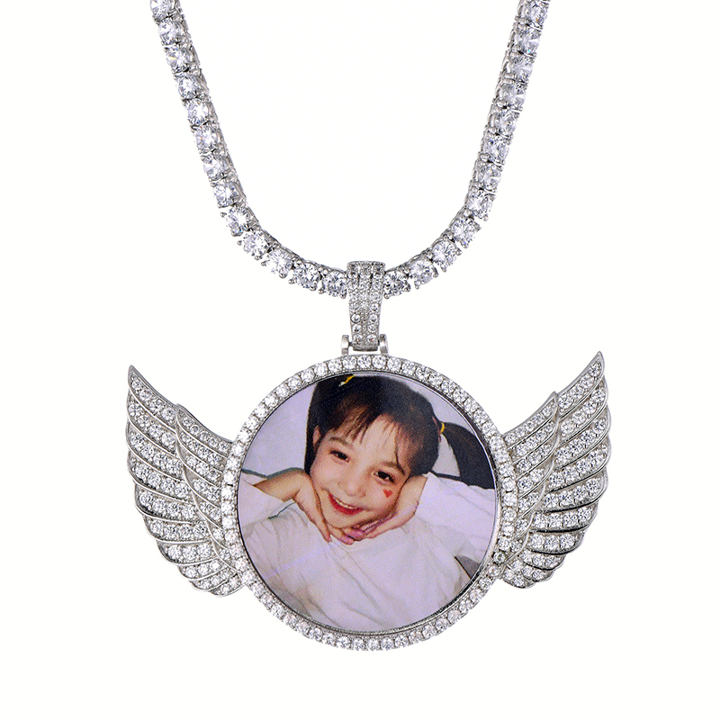 Custom Made Photo Wings Iced Out Bling Cubic Zircon Necklace & Pendant For Men Hip Hop Jewelry With Tennis Chain